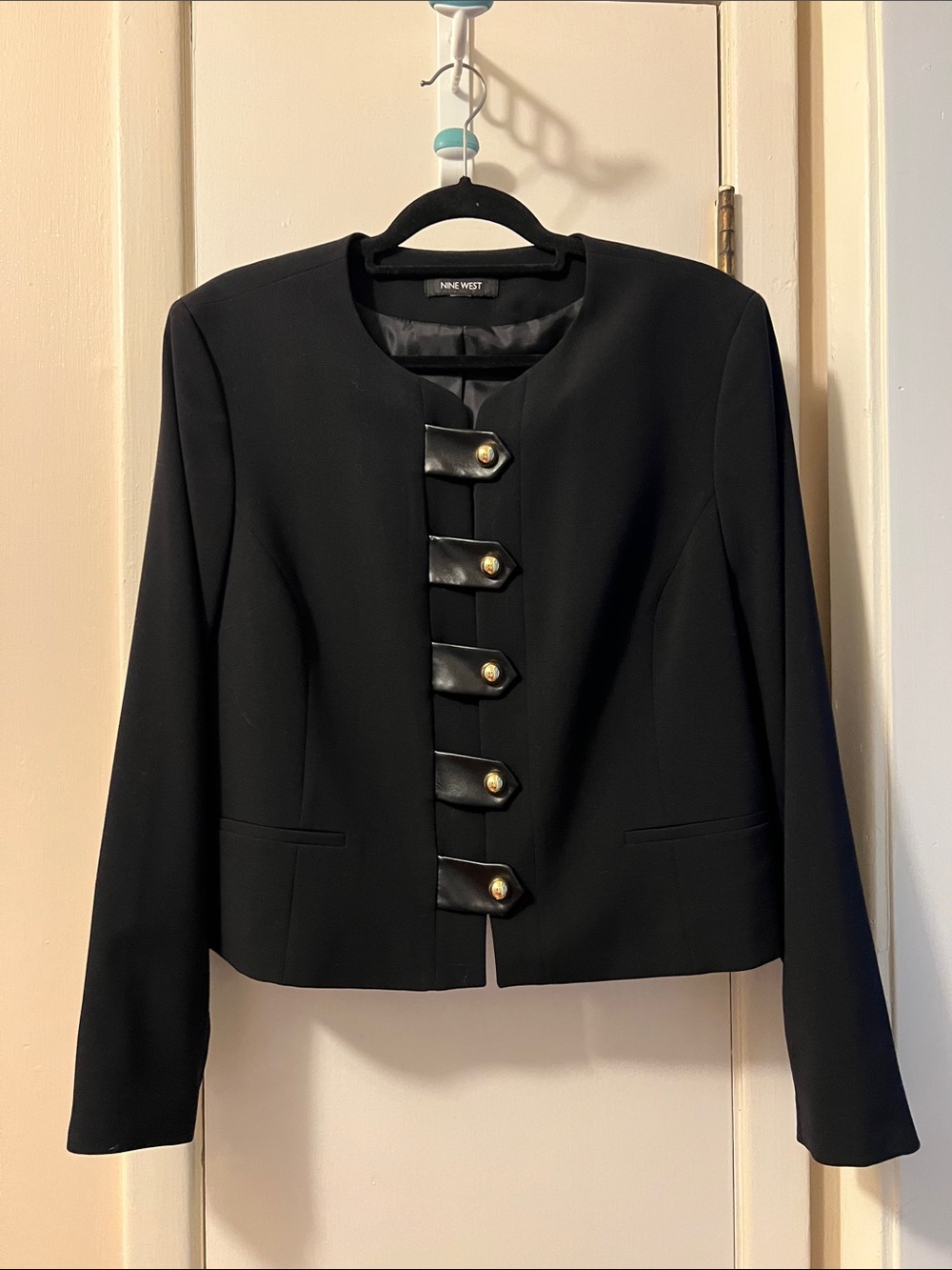 Nine West Black Cropped Blazer with Decorative Tab Buttons